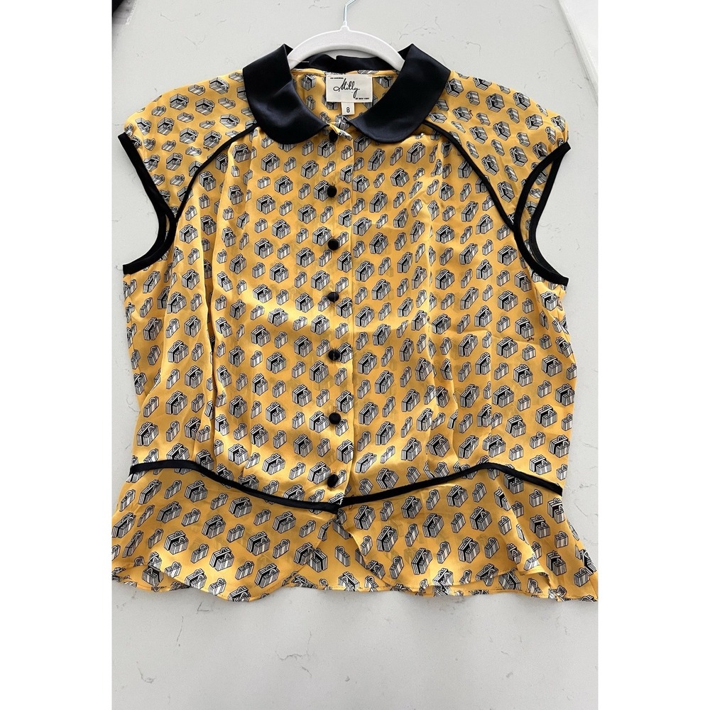 Milly of New York Silk Blouse 8 Peter Pan Collar Suitcases Print Peplum Retro